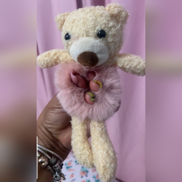 Teddy Bear w Fur belly Hair Scrunchie - Pink - Picture 5 of 8